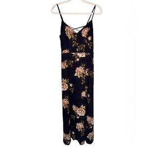 Nine Britton Womens Maxi Sun Dress Navy Ivory Floral Slit Spaghetti Straps